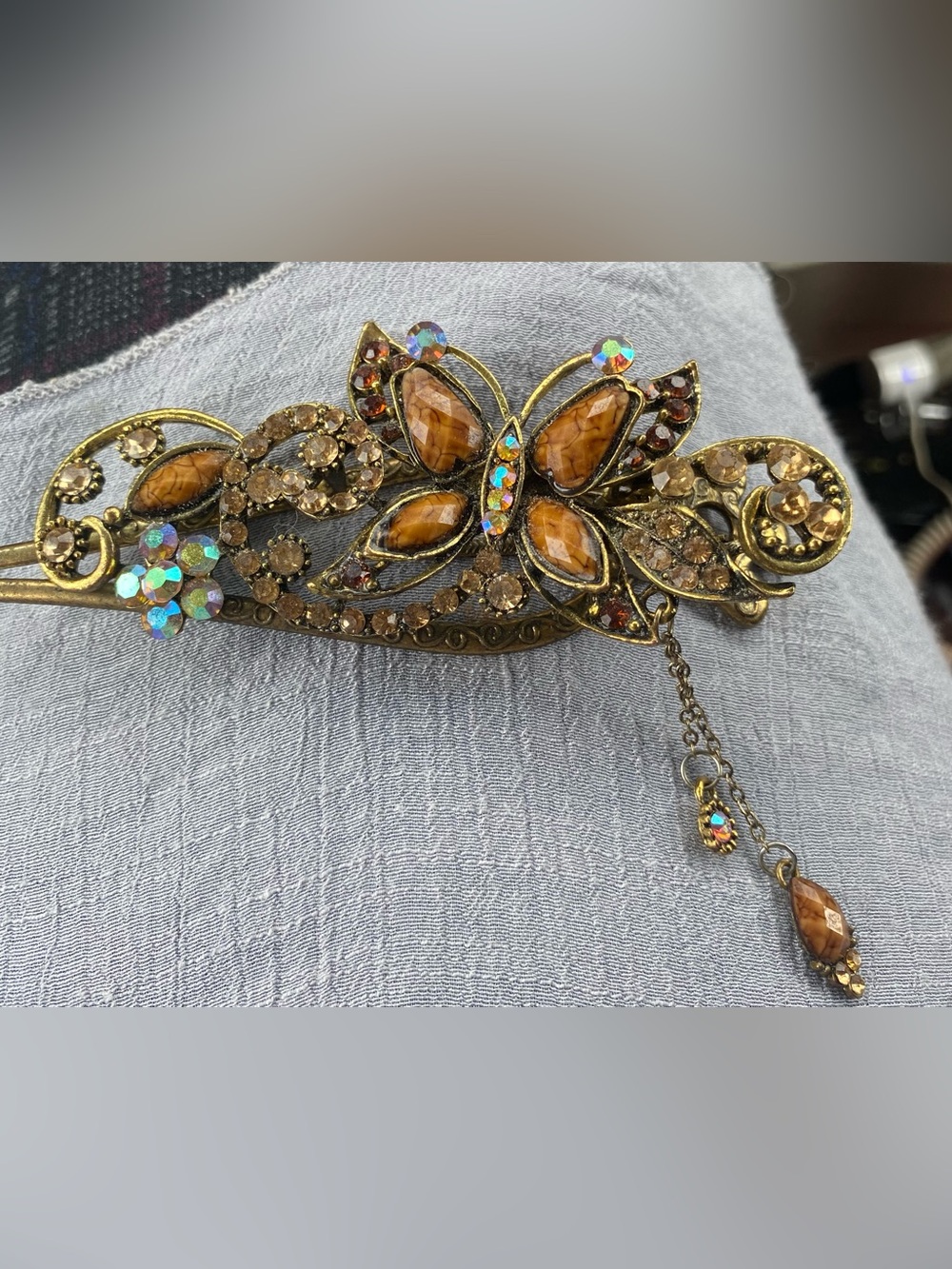 Vintage-Inspired Butterfly Barrette with Amber Rhinestones